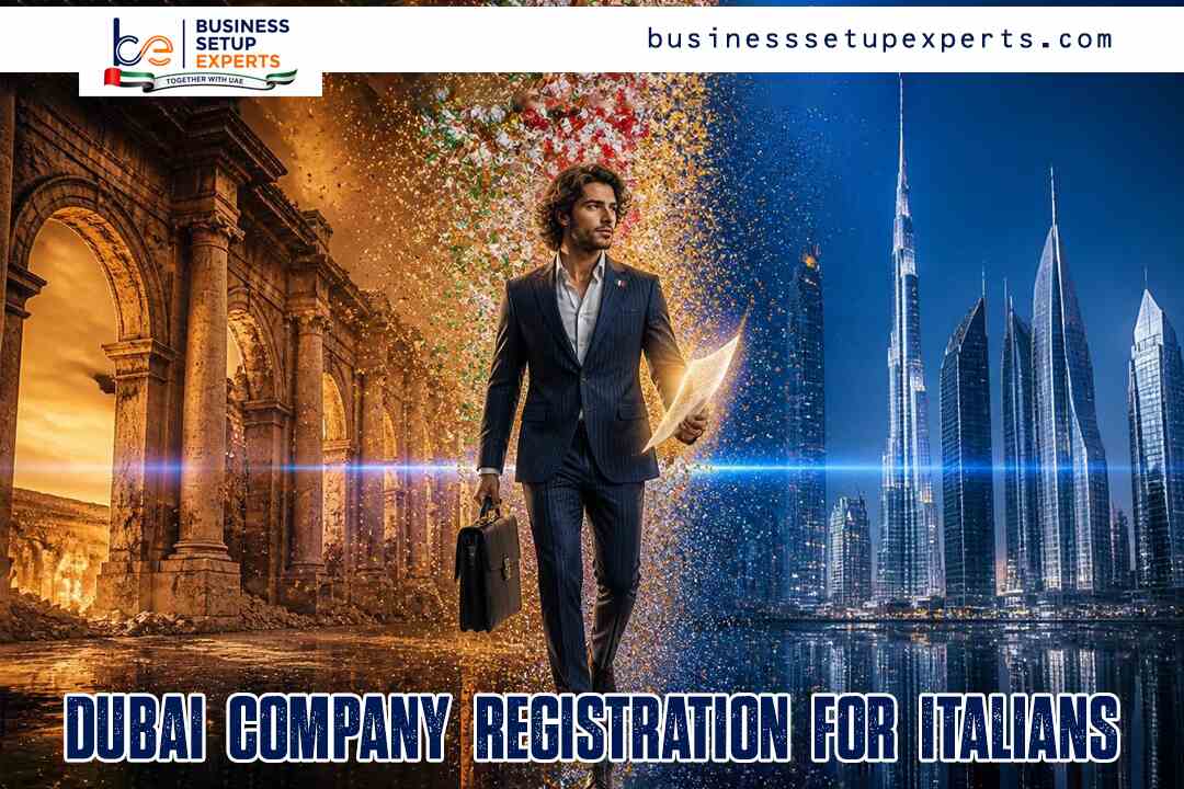 Promotional banner: a suited man with a briefcase and folder walks between ancient arches and the Dubai skyline, advertising Italian company registration in Dubai.