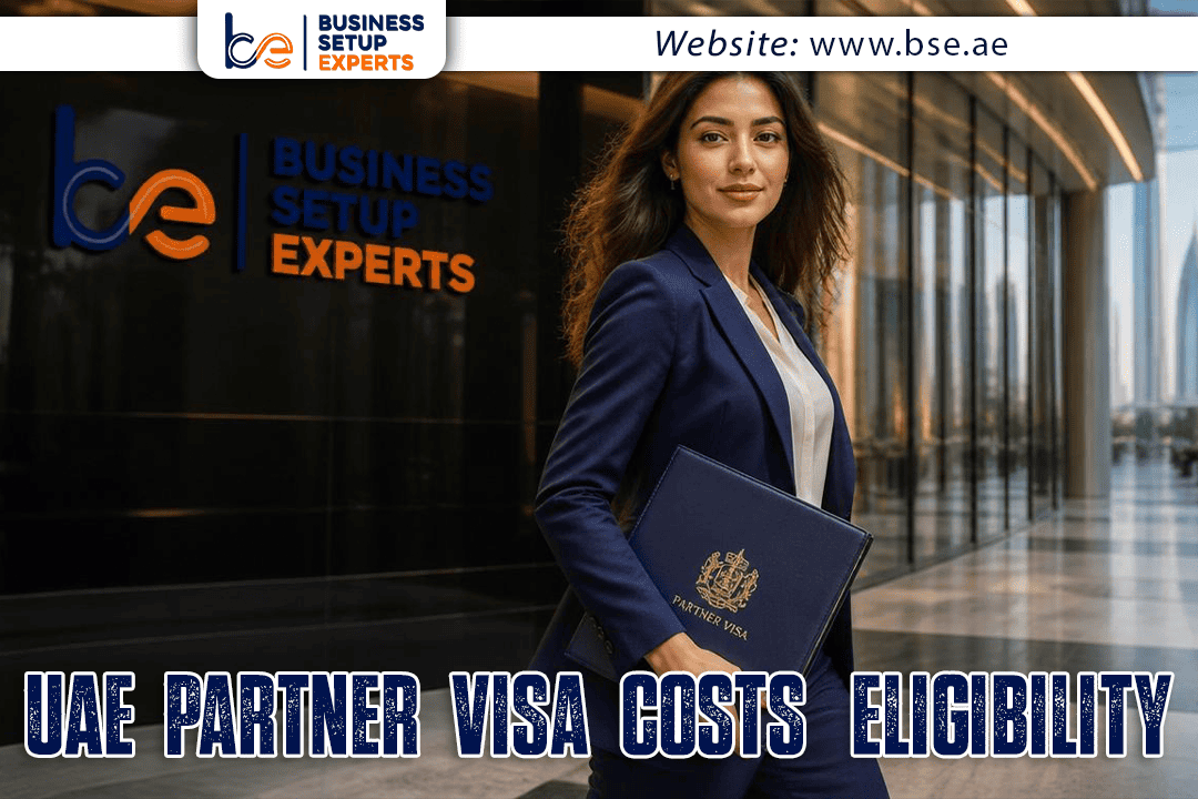 Professional woman in a navy blazer carrying a UAE partner visa folder outside a corporate building.