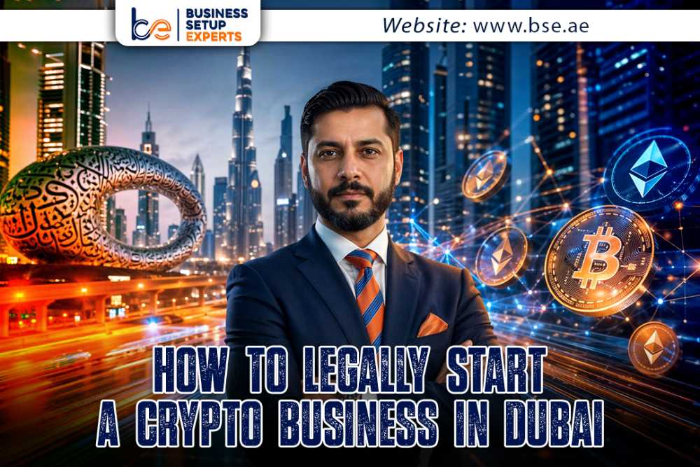 Professional man in a dark suit with an orange tie standing in front of a Dubai skyline and floating crypto icons, promoting a guide on starting a crypto business in Dubai.
