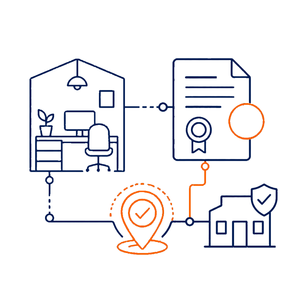Orange blueprint-style illustration featuring a certificate with ribbon, a location pin with check mark, a building, and connected nodes on a dark blue background