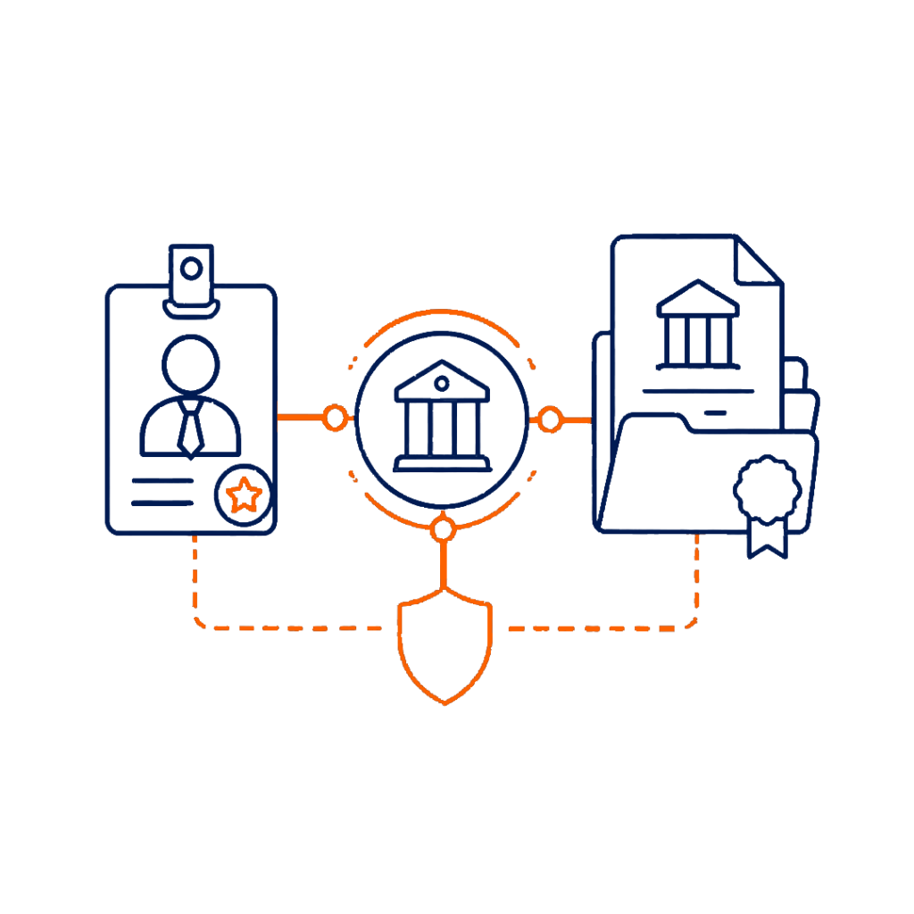 Logo showing a bank building inside a circle on an orange panel with abstract lines.