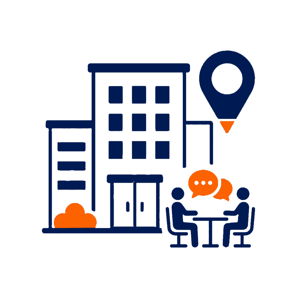 Orange illustration of a person sitting at a desk inside an office building, with speech bubbles, on a dark blue background.